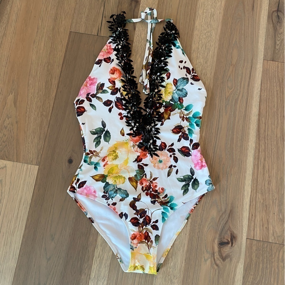 C Apparel Cupsay Swim Cheeky Gal Floral and Lace One Piece Swimsuit Sz Med NWT